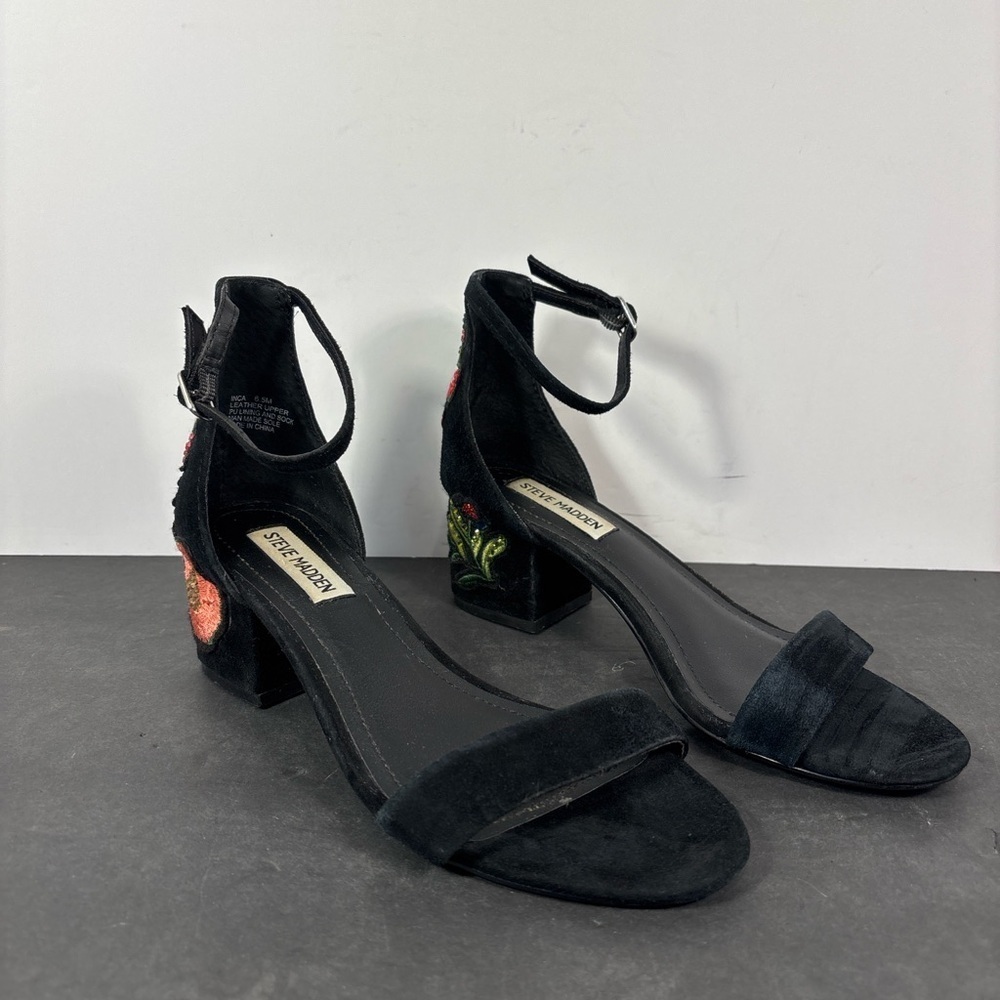 Steve Madden Inca Black Suede Embroidered Block Heel Sandals 6.5